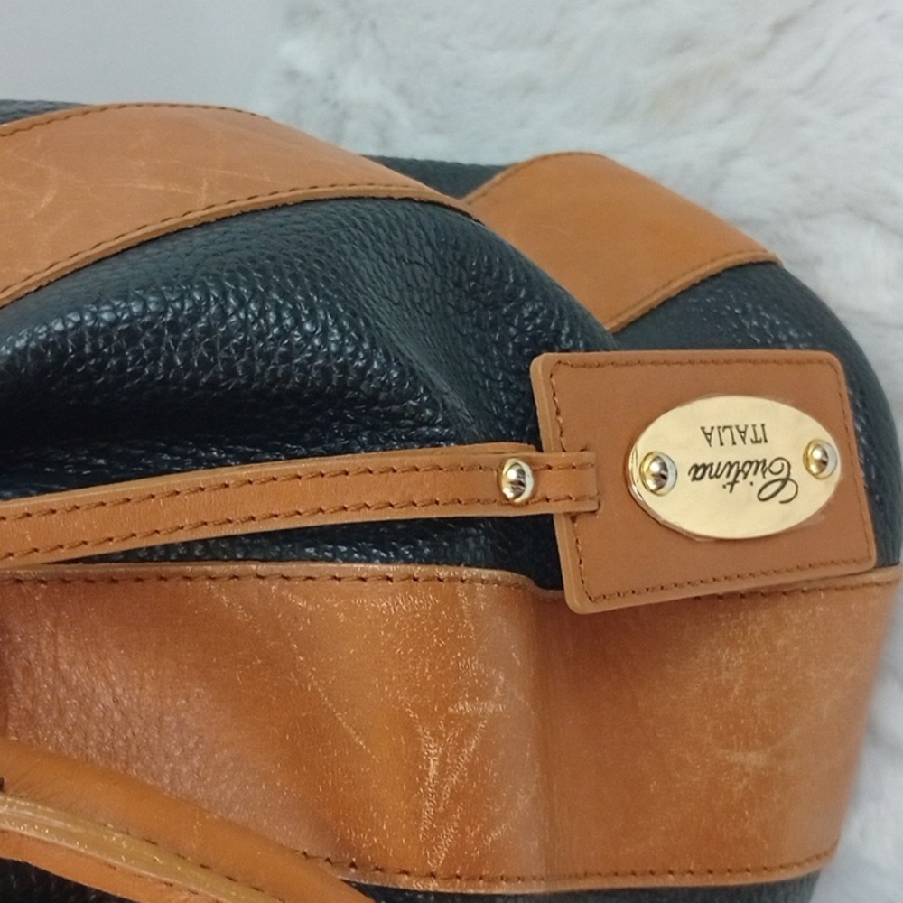 Cristina Italy real leather drawstring bucket bag with strap Black Brown - Picture 5 of 16